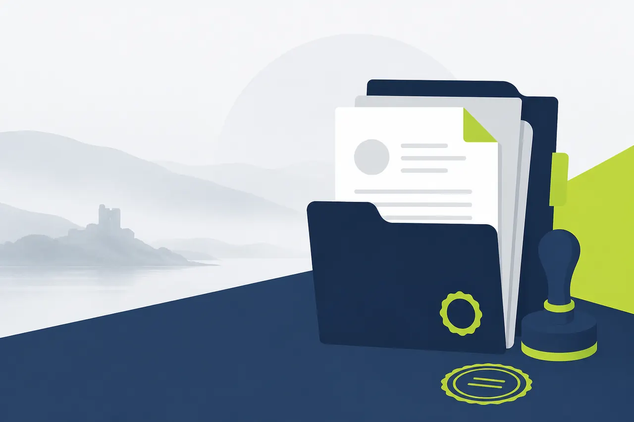 Abstract illustration of company filing folders and a seal